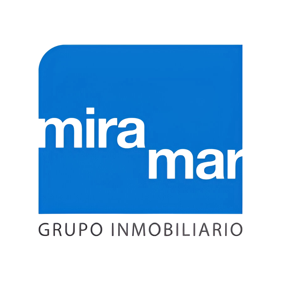 Logotipo azul de la inmobiliaria Miramar con texto blanco. Texto 