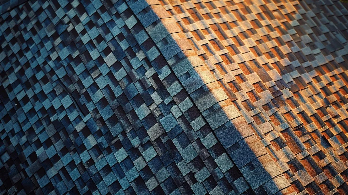 High-angle view of a brick house with a dark, complex asphalt shingle roof, surrounded by green trees on a sunny day.