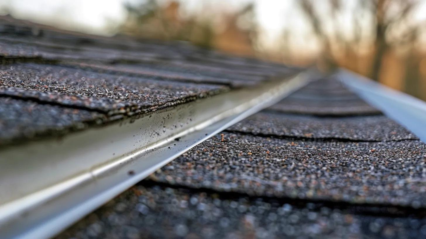 A close-up view of a metal roof valley flashing installed between two sections of asphalt shingles.