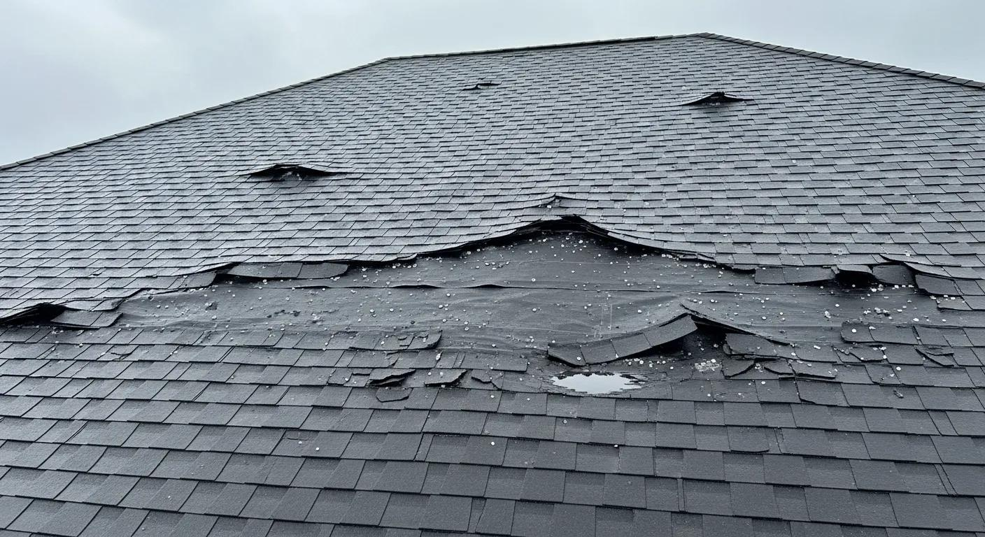 A dark shingled roof with a large section of missing shingles and scattered hail debris after a storm.