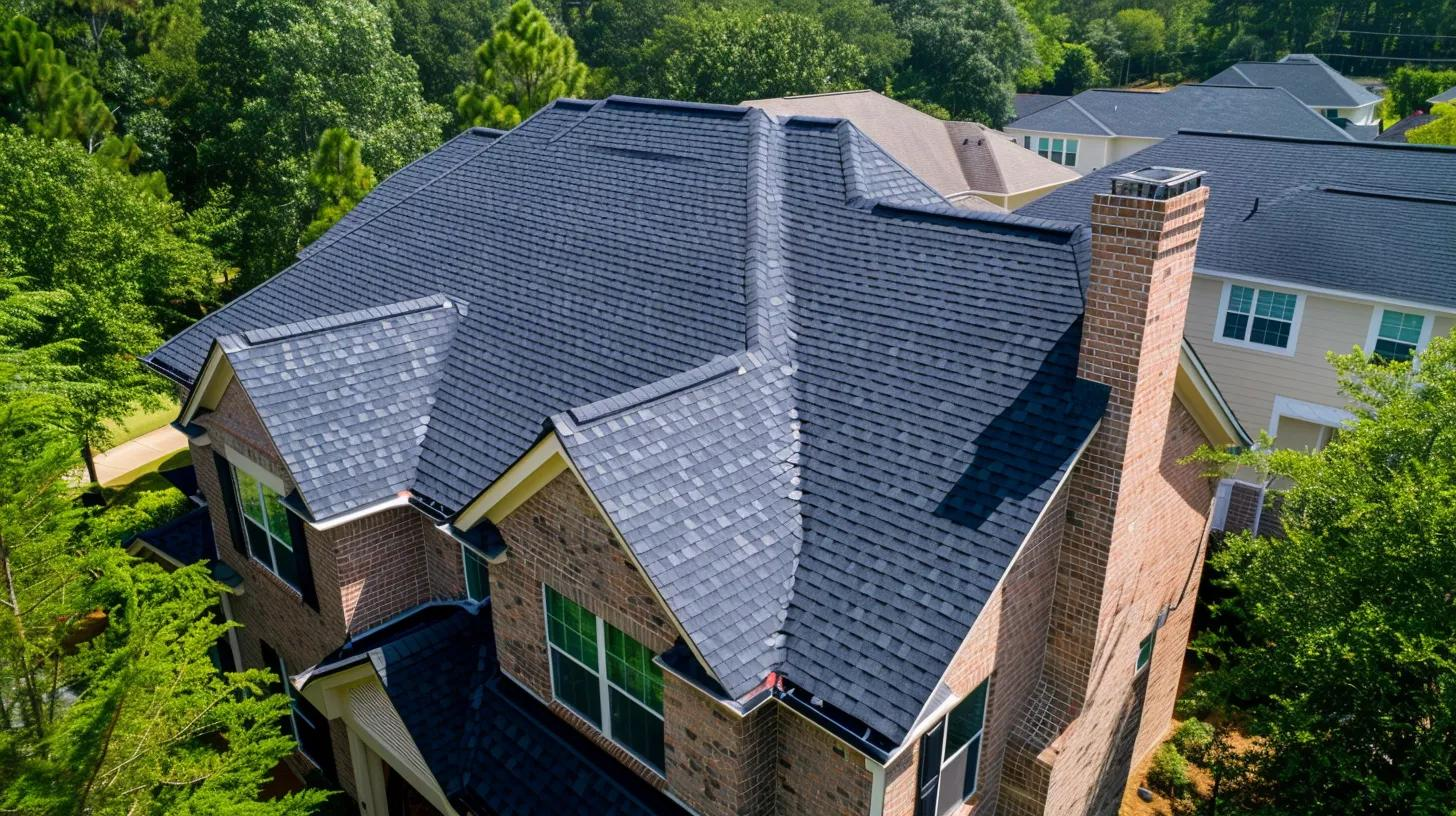 High-angle view of a brick house with a dark, complex asphalt shingle roof, surrounded by green trees on a sunny day.