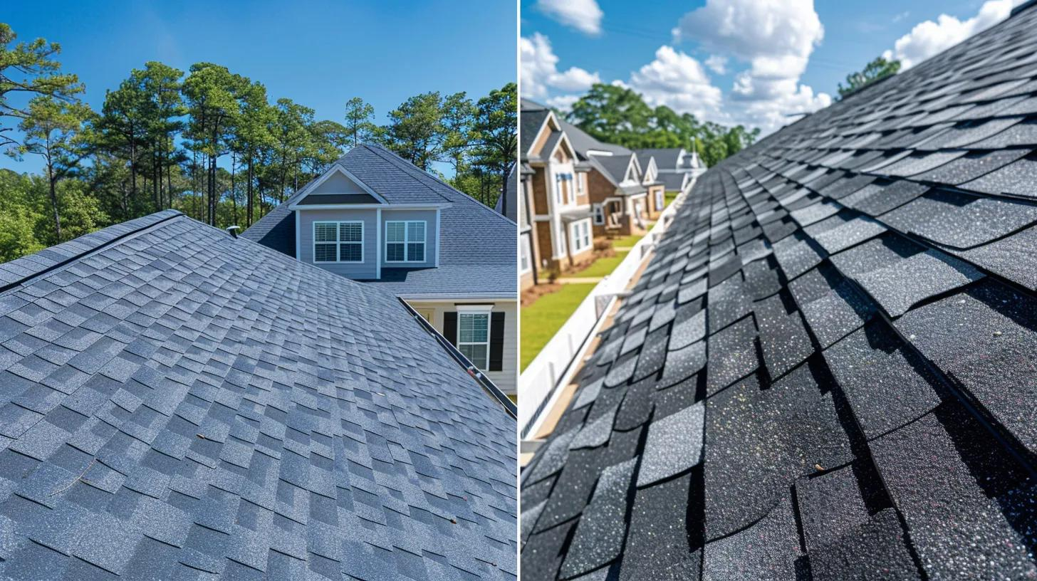 A split-screen comparison of a residential home roof with blue-gray shingles on the left and black shingles on the right.