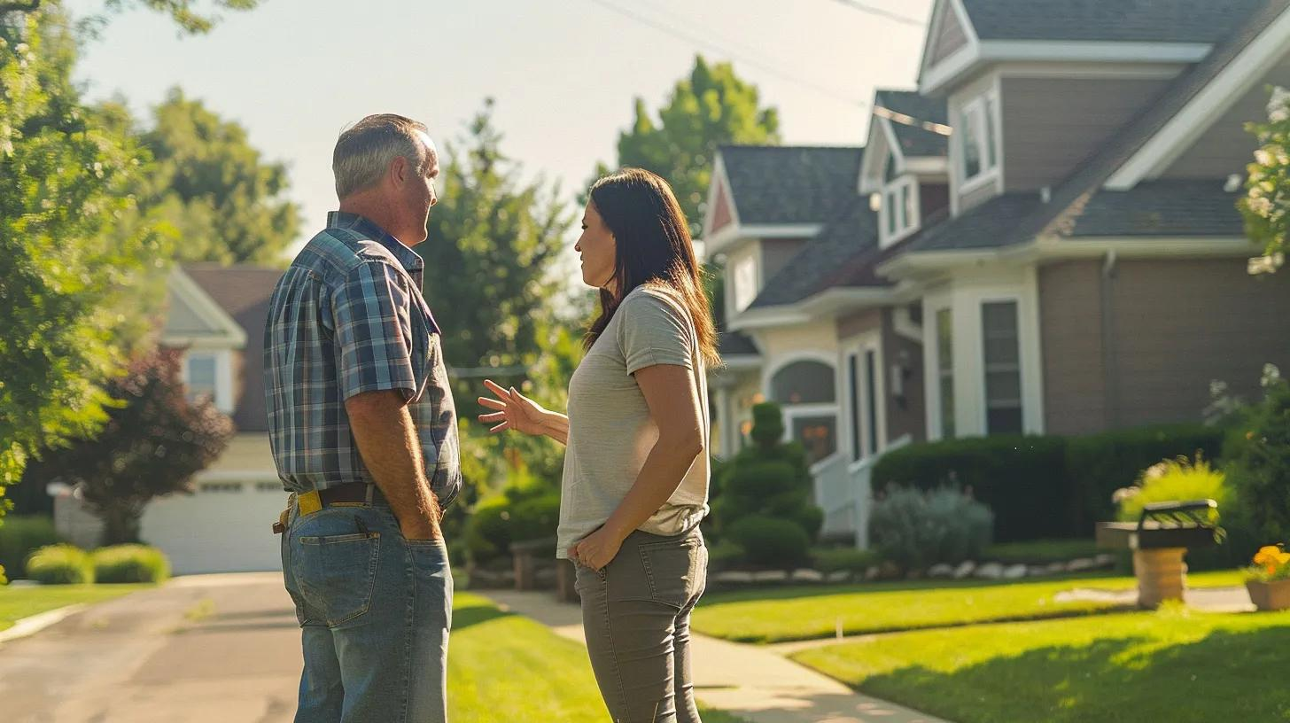 Two people talking on a suburban street in front of houses on a sunny day.