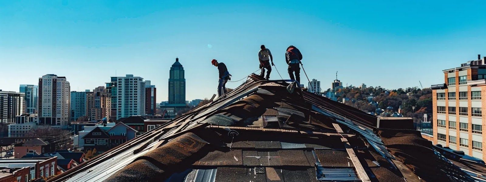 A group of people are standing on top of a building.