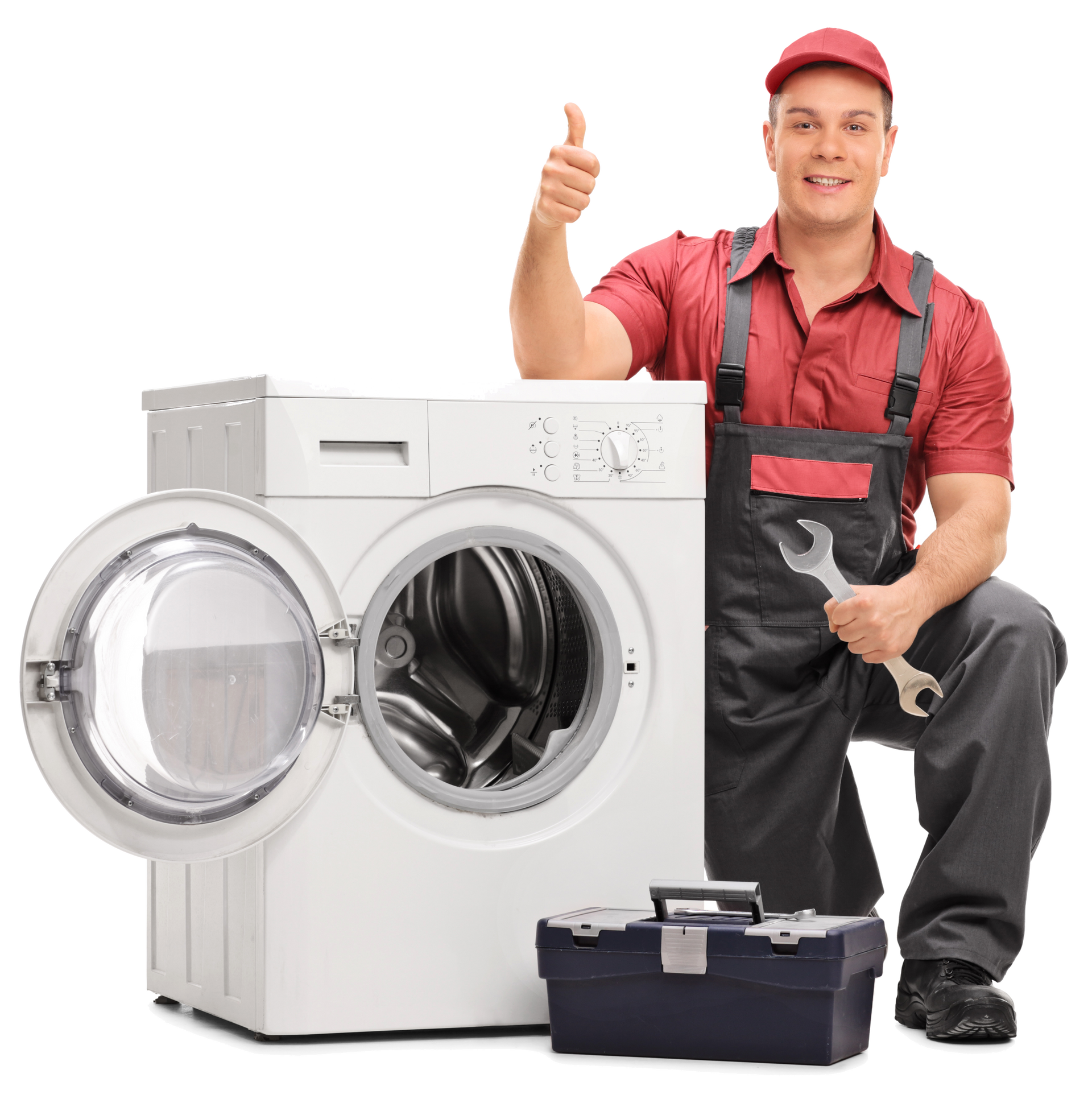 Technician kneels next to washing machine, giving thumbs up, holding wrench, with toolbox.