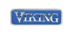 Viking logo: Silver text on a blue rectangular background with a silver border.