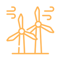 Un dibujo lineal de dos turbinas eólicas sobre un fondo blanco.