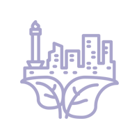 Un dibujo lineal de una ciudad con edificios y hojas.