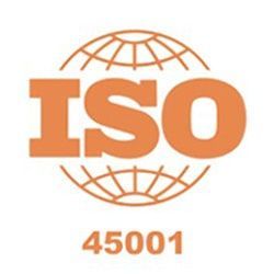 Un logotipo para ISO 45001 con un globo terráqueo en el medio.