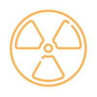 Un símbolo radiactivo en un círculo sobre un fondo blanco.