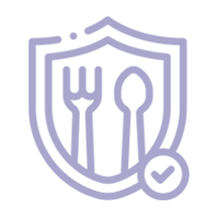 Un escudo con un tenedor y una cuchara y una marca de verificación.