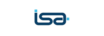 Un logotipo azul y blanco para ISA sobre un fondo blanco.