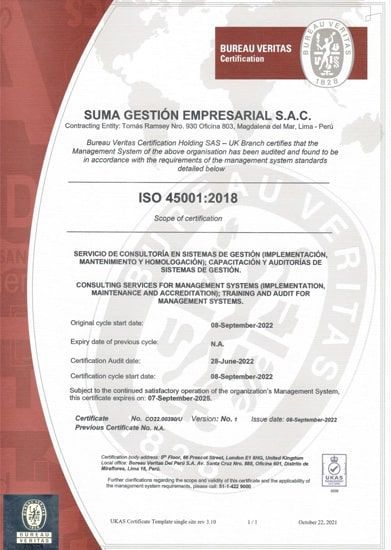 Es un certificado que dice Suma Gestion Empresarial SAC