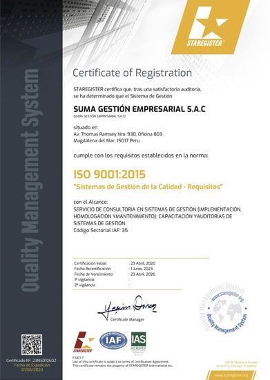 Un certificado de registro para el sistema de gestión de calidad ISO 9001 2015.