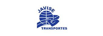 Un logo azul para Javise Transportes con un globo terráqueo en el centro.