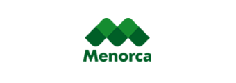 Un logotipo verde y blanco para Menorca sobre un fondo blanco.