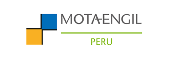 Un logo para Mota Engil Perú con un cuadrado azul y amarillo