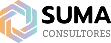 Un logotipo para Suma Consultores con un hexágono de colores sobre un fondo blanco.