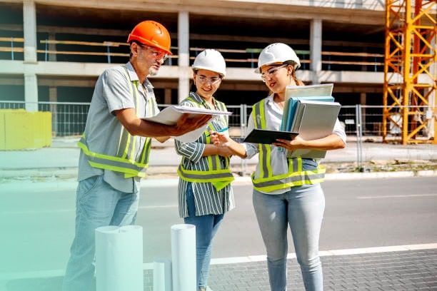 Un grupo de trabajadores de la construcción está parado frente a un edificio en construcción.