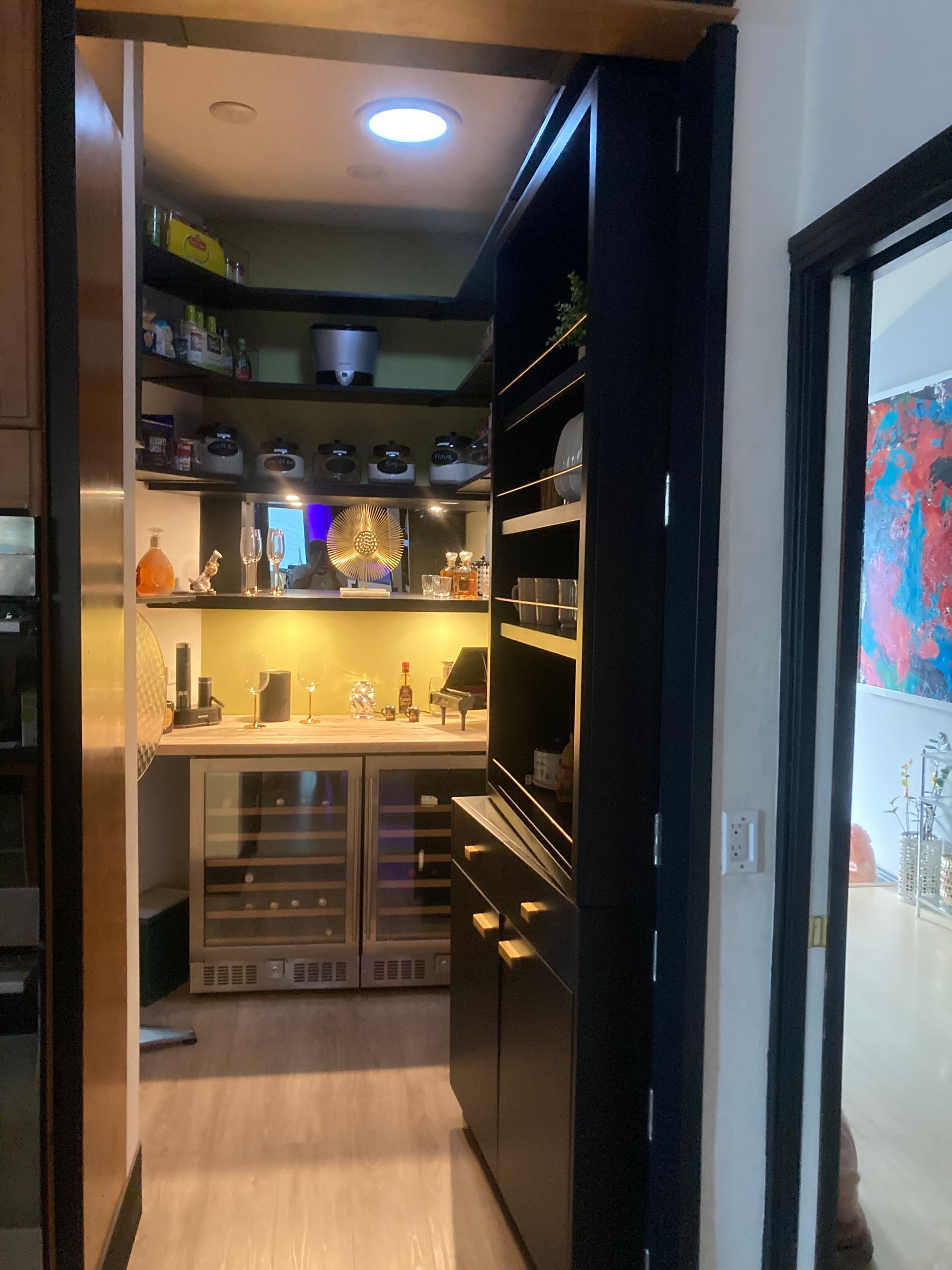 A walk in pantry with a wine cooler and a refrigerator