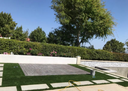 A lawn with a tree in the background and a swimming pool in the background.