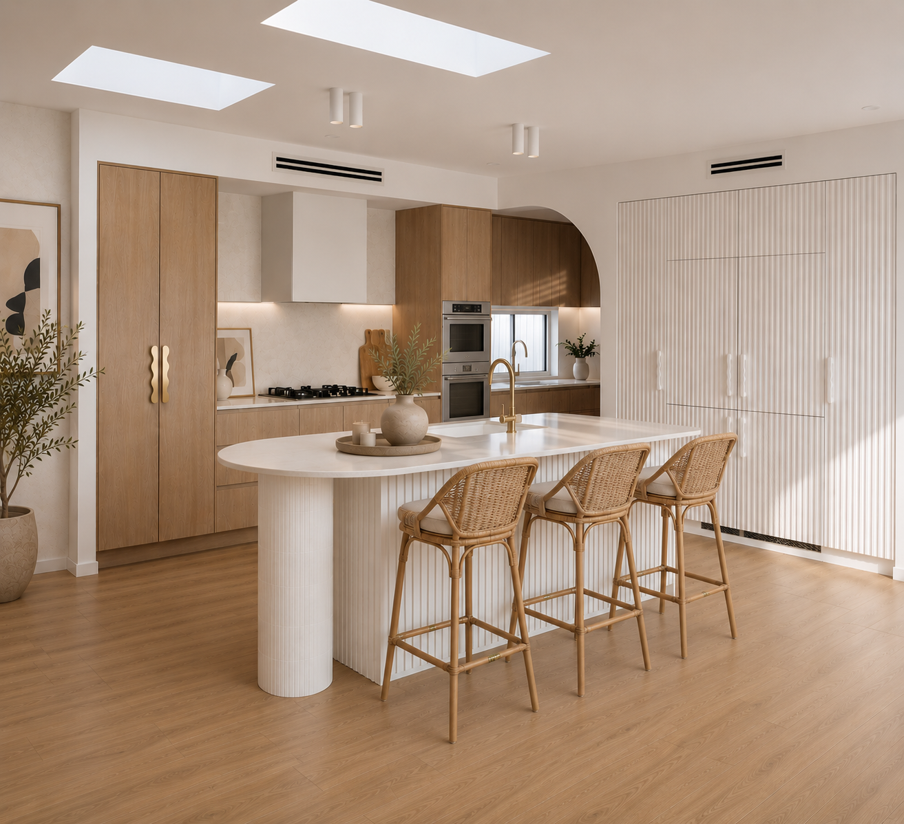 Bright modern kitchen with white island, rattan bar stools, wood floors, and skylights
