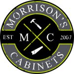 Morrison's Cabinets logo with gray circular text and lime green crossed lines on white background