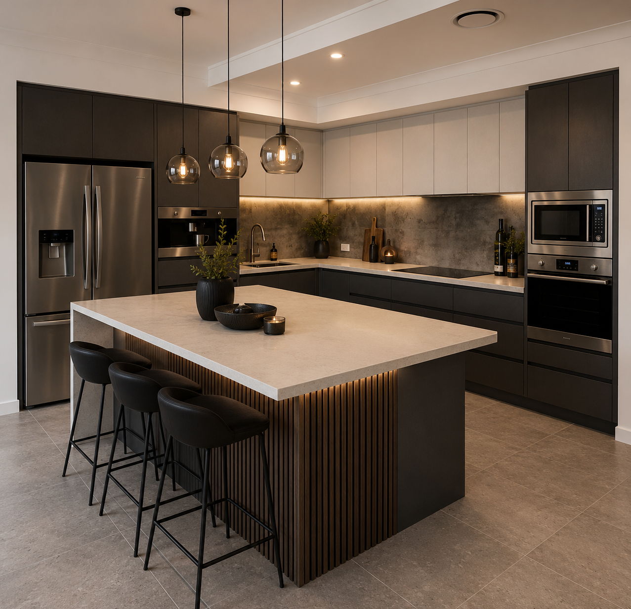 Modern kitchen with a large island, dark cabinets, stainless appliances, and pendant lights