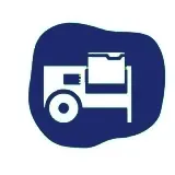 A blue and white icon of a desk with a folder on it.