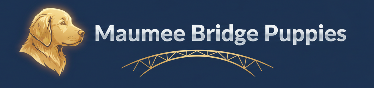 Logo for Maumee Bridge Puppies features a golden retriever, text, and a bridge.