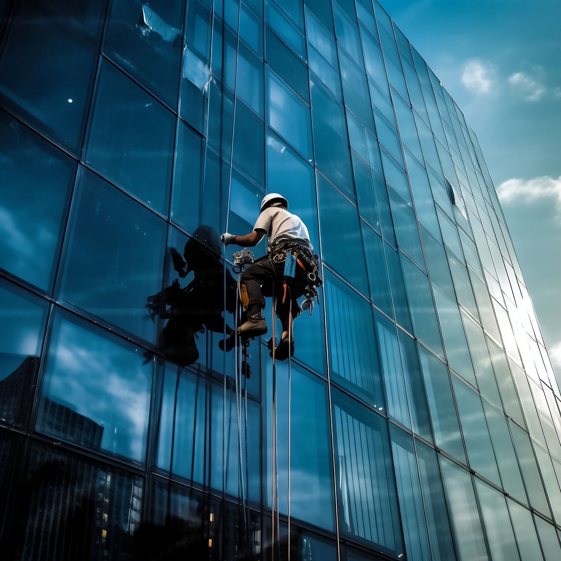 Window washer suspended on building facade, cleaning windows with equipment and bucket.
