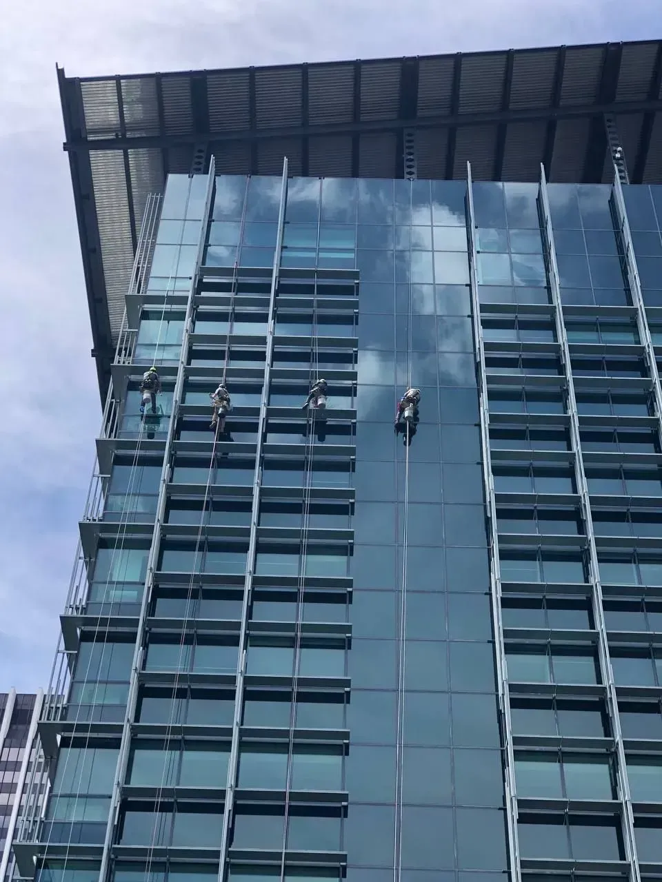 Window washers cleaning the glass facade of a tall modern building under a cloudy sky.