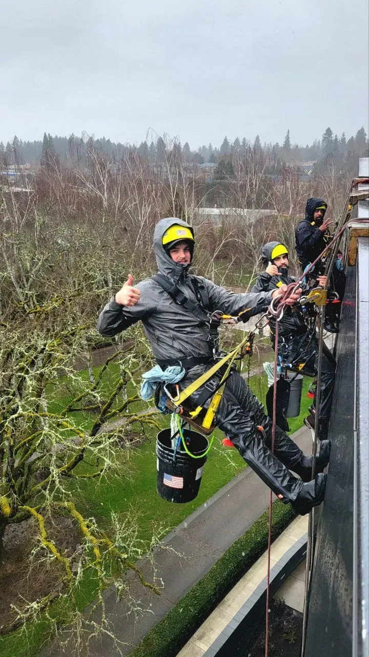 Workers rappelling down a building in the rain; one gives a thumbs-up. Overcast day with trees in background.