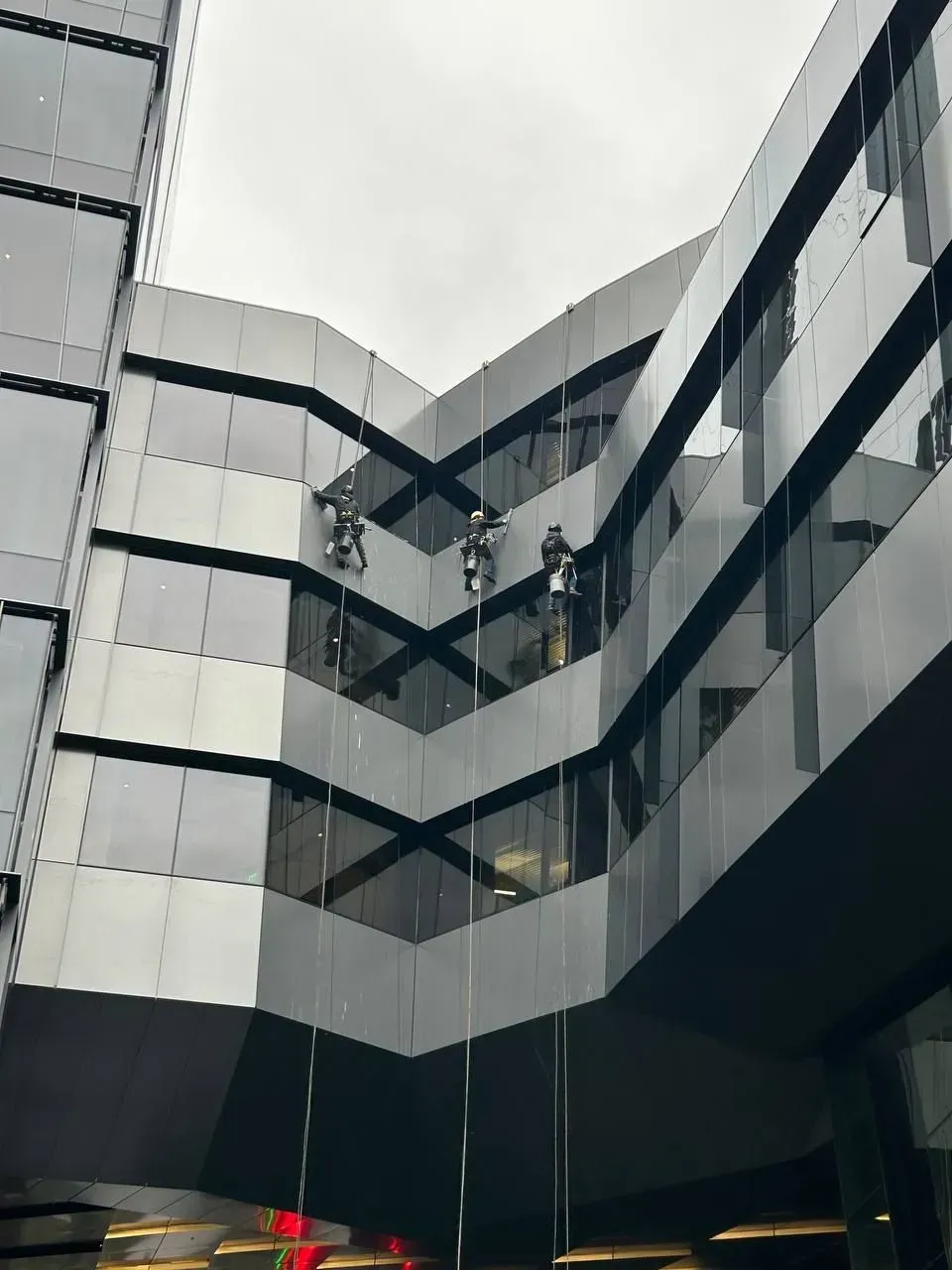 Window cleaner cleaning a large glass window, exterior view.