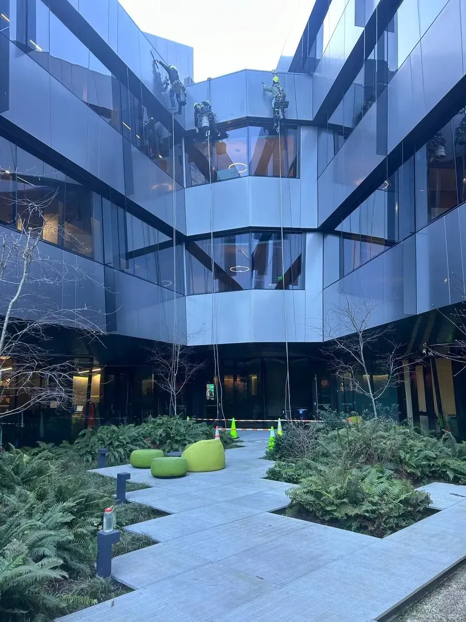 Courtyard of a modern building with large windows, bushes, trees, and green seating.