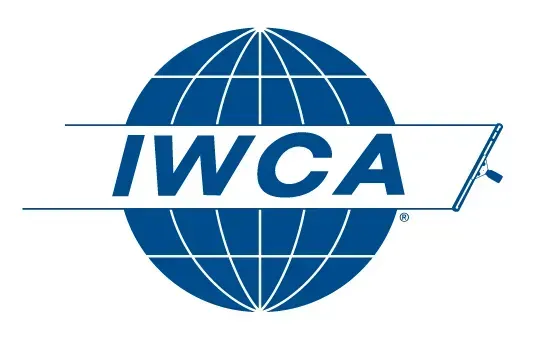 IWCA logo: blue globe with white banner and text, window squeegee.