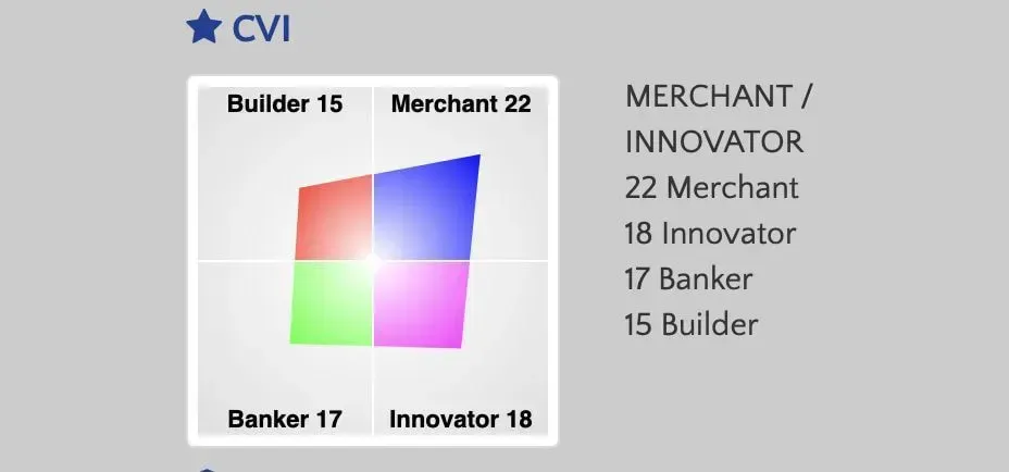 CVI result: a color-coded quadrant graph with Merchant 22, Innovator 18, Banker 17, and Builder 15.