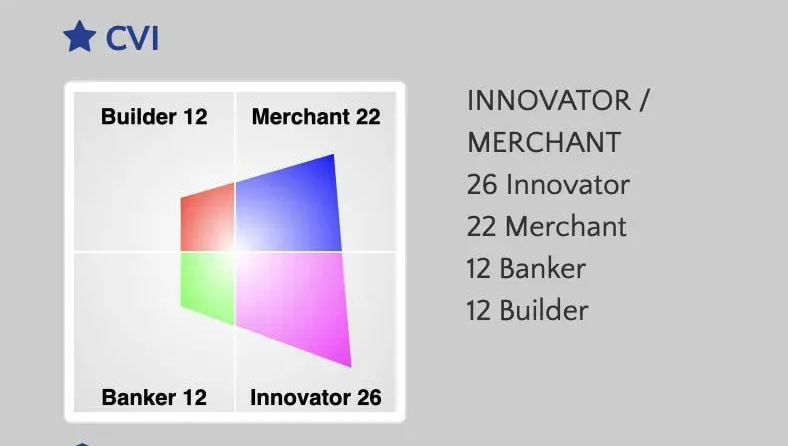 CVI personality assessment chart showing Innovator/Merchant as the dominant archetype, with scores for each category.