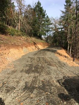 Gravel road through a wooded area, with exposed reddish-brown soil on the sides.