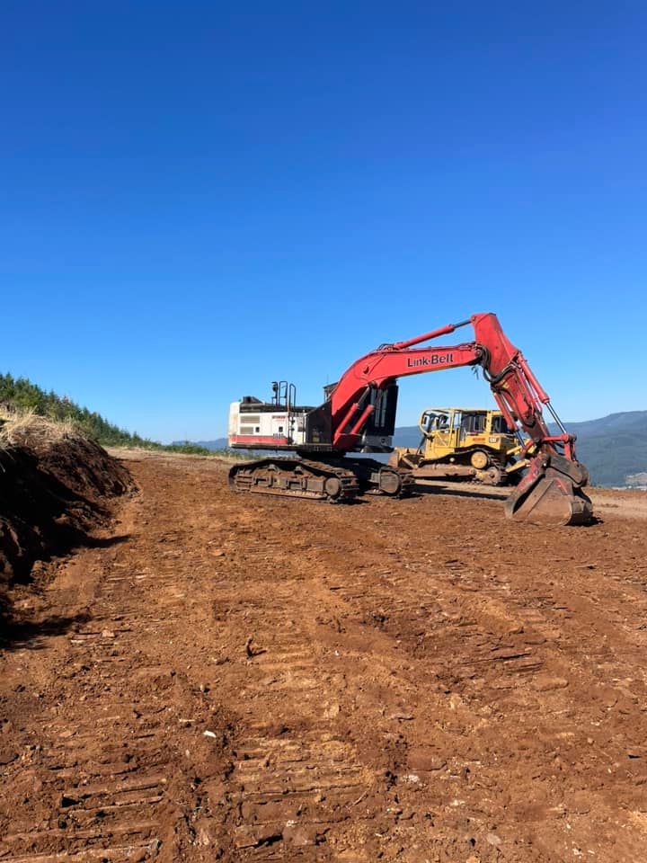 Red excavator and yellow bulldozer on a cleared dirt path under a blue sky.