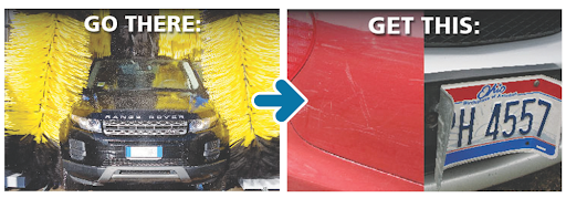 Car wash damaging car paint, resulting in scratches, leading to a license plate.