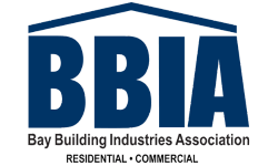 BBIA logo in blue with roofline, reading Bay Building Industries Association and Residential + Commercial