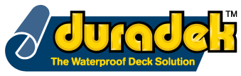 Duradek logo with blue and yellow text and the slogan “The Waterproof Deck Solution”