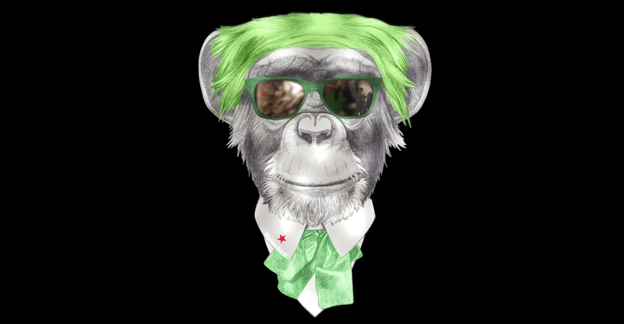 Um chimpanzé usando óculos escuros e um chapéu verde.