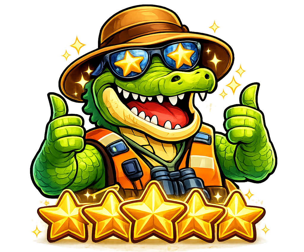 Happy alligator with a hat and sunglasses giving a thumbs-up; three gold stars.
