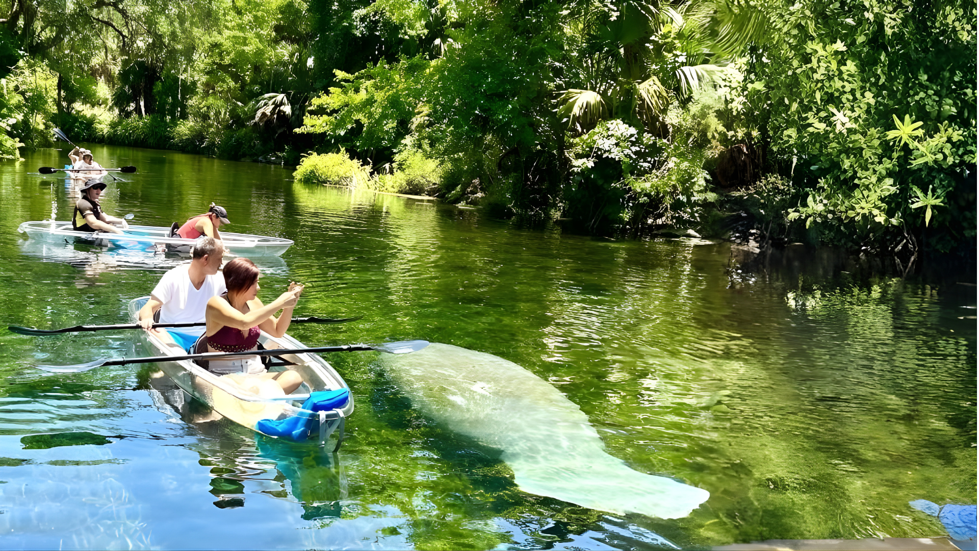 People kayaking near a large manatee in a clear, green river. Lush green trees line the banks.