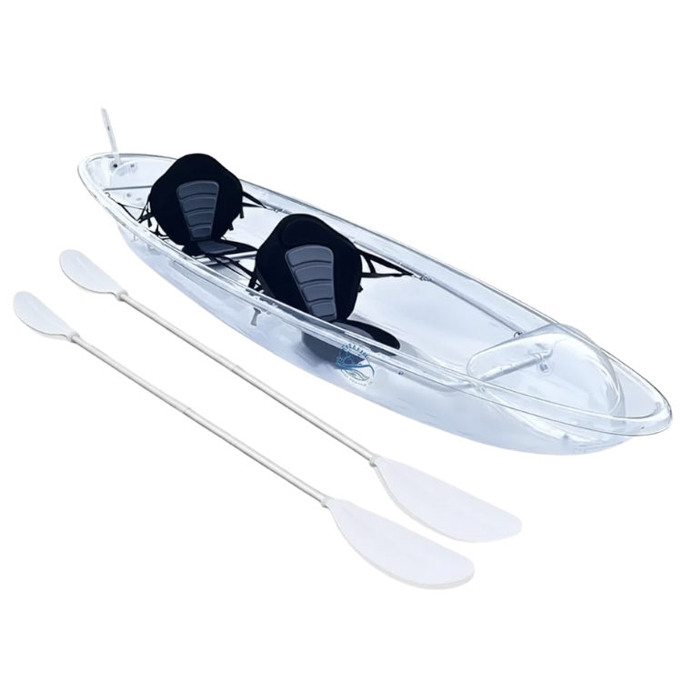 Clear kayak with two black seats and two white paddles.