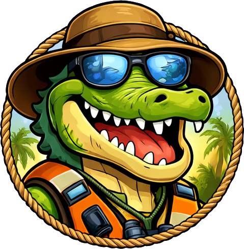 Adventurous alligator in safari hat and sunglasses, smiling, with binoculars, tropical background.