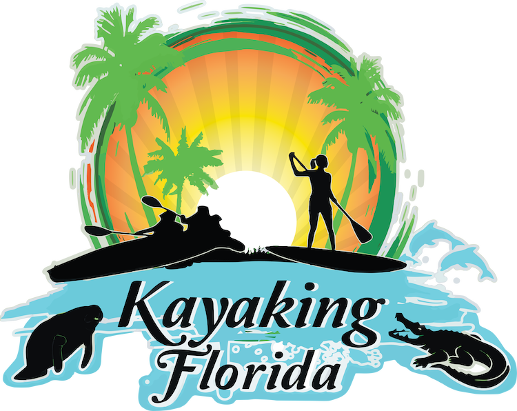 Kayaking Florida logo: kayakers and paddleboarder on water with palm trees, sun, and manatee/alligator silhouettes.