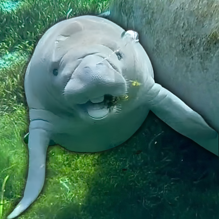 Manatee swims towards the camera underwater, mouth slightly open. Green grass in the background.